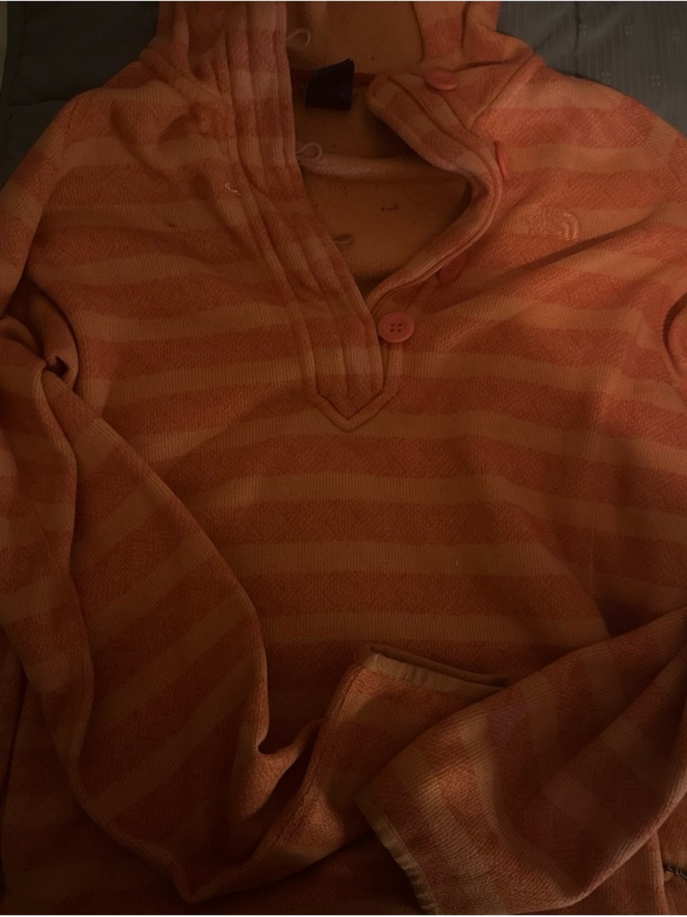 The North Face Men's Orange Striped V-Neck Hooded Sweater